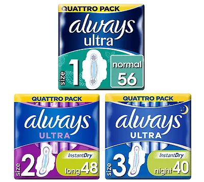 £9.69 • Buy Always Ultra Night Long Normal Sanitary Pads Towels With Wings Pack Of 40 48 56