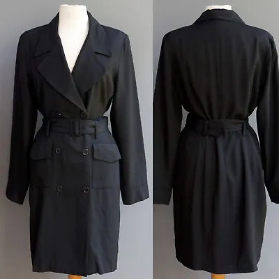 VTG Quadra Black Spy Coat Fitted Double Breasted Style 3/4 Jacket Belted M L 12 • $29.99