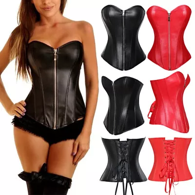 Women Zip Overbust Faux Leather Punk Party Corsets Waist Trainer Gothic Bustier • £21.79