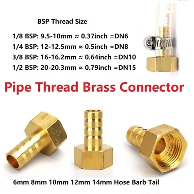 6mm-12mm BSP Female Taper Thread Brass Connector Water /Fuel Hose Tail Fitting • £4.99