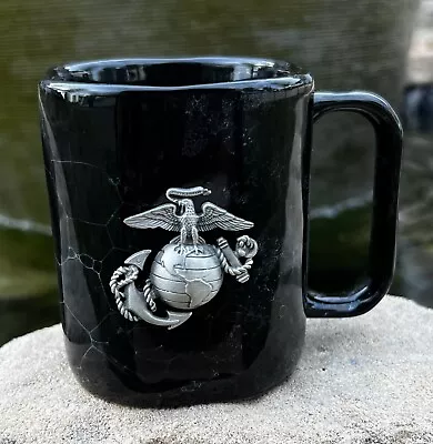 Marine Military Ceramic Coffee Mug W/Metal Emblem Black Style Marble 10 Oz 3.75” • $19.99