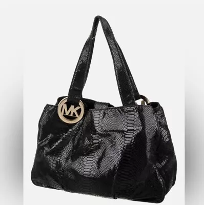 Michael Kors Fulton Black Python Embossed Patent Leather Bag Tote Purse Large • $59