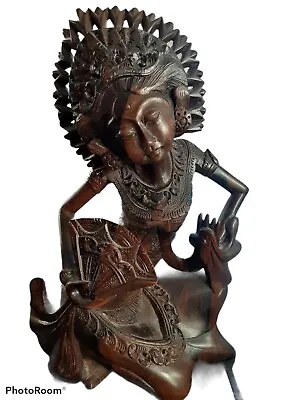 Vtg Wood Carved Balinese Hindu Indonesian Goddess Fan Dancer Figurine  8 1/4  • $229