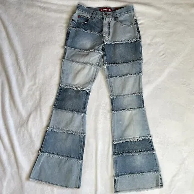 Vintage Y2K 2000s Zana Di Patchwork Blue Denim Jeans Raw Hem Flare Women Sz 3 • $35.55