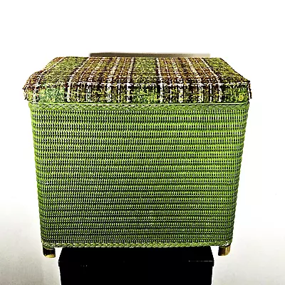 Vintage Green Wicker Rattan Clothes Hamper W/ Tweed Lid Vtg 60s 70s Retro MCM • $99