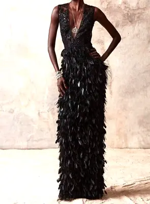 New $8995 Naeem Khan Runway Feather Bead Embroidered Long Gown Evening Dress 6 • $2800