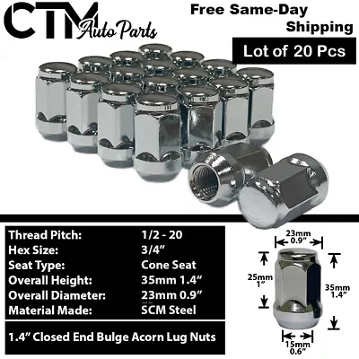 20x Chrome 1/2-20 Cone Seat Bulge Acorn Wheel Lug Nuts 3/4  Hex Fit Ford Models  • $20.99