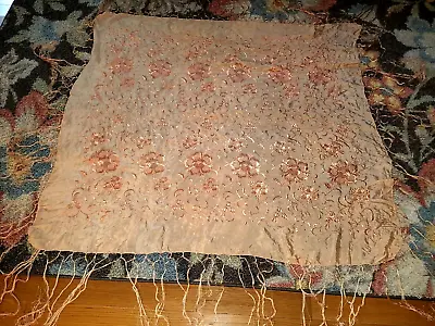 Vintage  Hand Embroidered Fringe Piano Scarf Shawl Pink Peach Silk • $69.99