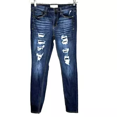Mudd Women's Skinny Leg Jeans Size 7 Dark Wash Blue Denim Destroyed 29X31 • $13.08