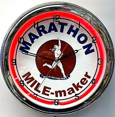 16  Marathon Mile Maker Oil Gas Sign Red Neon Wall Clock Best In The Long Run • $205.07