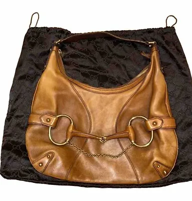 Authentic Gucci Tan Leather Horse Bit Chain Hobo Style Handbag Purse & Dust Bag • $428.99