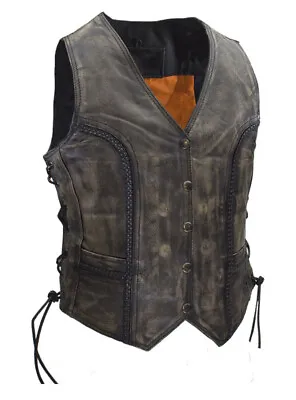 Ladies Distressed Brown Cowhide Leather Vest With Braid Motorcycle Club Vest • £99.27