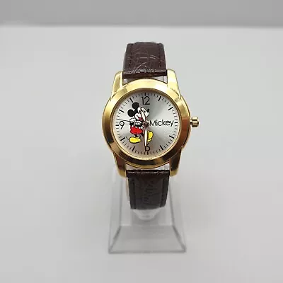 Disney Watch Mickey Mouse Gold Tone Bezel Dial Brown Leather Band NEW BATTERY • $19.99