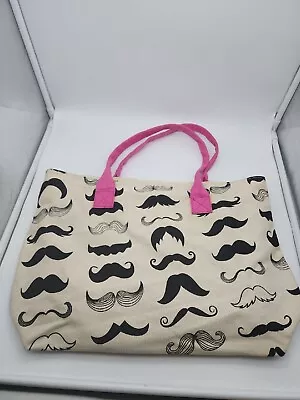 Mustaches Canvas Tote Handbag Bag Shopper 17” X 12” Pink Zipper Lined • $19.99