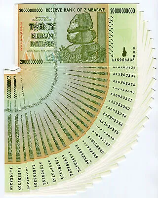 Zimbabwe 20 Billion Dollars X 25 Pcs AA 2008 P86 Consecutive UNC Currency Bills • $688.16