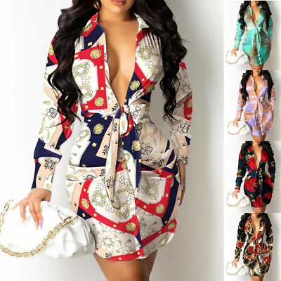 Sexy New Women Long Sleeves V Neck Bandage Patchwork Print Club Dress Party • $19.15