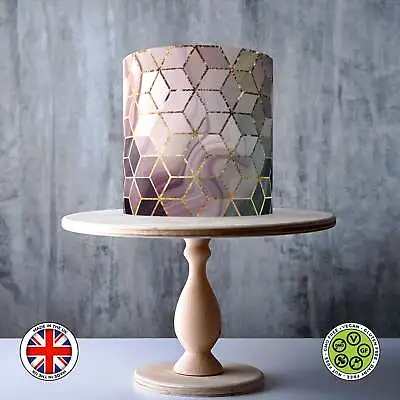 Pink & Grey Cubes Pattern Wrap Around Edible Cake Topper ICING / WAFER • £7.79