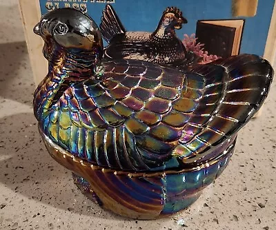 Vintage Imperial Iridescent Glass Nesting Turkey Covered Glass Dish Carnival • $41.99