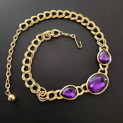 £10.35 • Buy SIGNED TRIFARI Vintage Necklace Choker HUGE Purple Glass Rhinestone 228