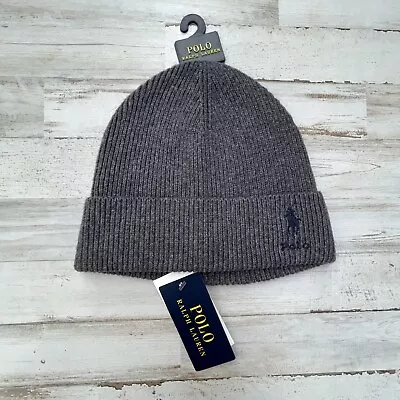 Polo Ralph Lauren Men’s Ribbed Lambs Wool Knit Beanie Hat Gray Navy NWT • $31.99