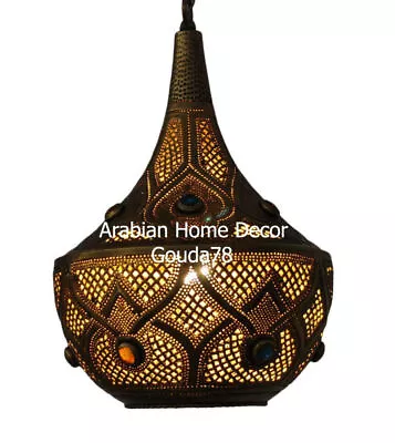 Unique Handcrafted Moroccan Brass Jeweled Hanging Lamp Lantern Light  • $252.84