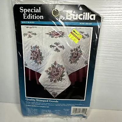Bucilla QUILT BLOCKS “Rose Heart” Stamped Embroidery Set Of (6)  Each 15X15” Vtg • $8.99