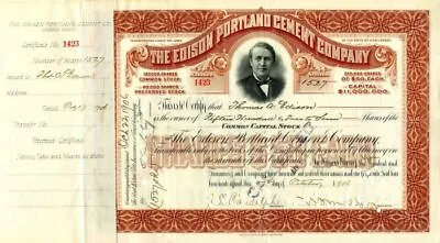 Edison Portland Cement Co. Issued To Thomas A. Edison - Stock Certificate - Auto • $730