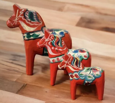 Set Of 3 Nils Olsson Hemslojd Ab Traditional Wooden Swedish Dala Horses 6” 4” 3” • $49