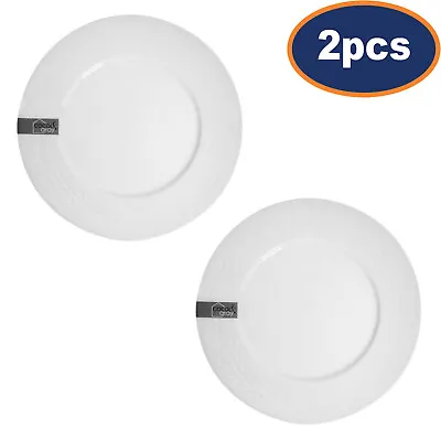 2Pcs Porcelain Dinner Plate White Rim Round Dimple Effect Hammered Tableware • £10.95