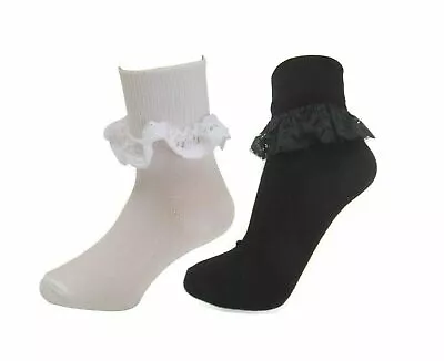 3X Ladies Kids Girls Black White Frilly Lace Top Frill School Trainer Socks  • £7.99