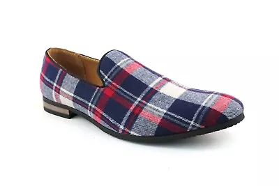 Mens Plaid Shoes Blue White Red Slip On Fabric Dress Loafers By AZAR MAN • $38.99