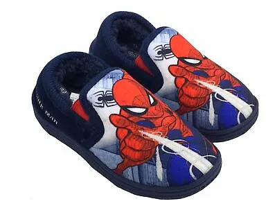 Boys Spiderman Slippers Marvel Slip On Kids Size 8-2 Fleece Insole Navy Spidey • £9.99