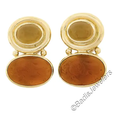 Elizabeth Locke 19K Gold Intaglio & Oval Cabochon Omega/Clip On Drop Earrings • $3198.40