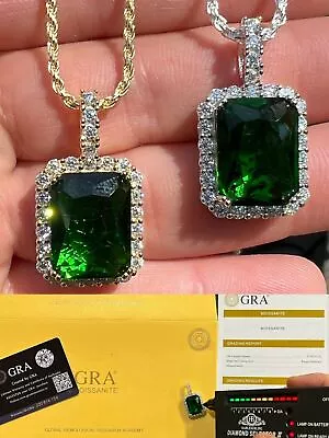 Iced Moissanite & Green Stone Pendant Necklace Silver / Gold Plated • $86.83