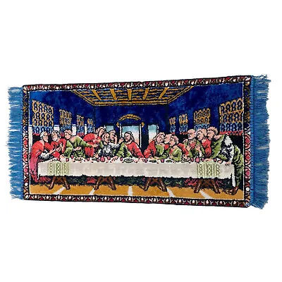Last Supper Vintage Velvet Tapestry Jesus Apostles Blue Red Green Fringe 42 Inch • $36