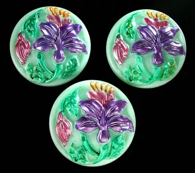 3 Czech Vaseline Glass Buttons #B717 - 28 Mm Or 1  - EXOTIC FLOWERS!!!! • $9.99