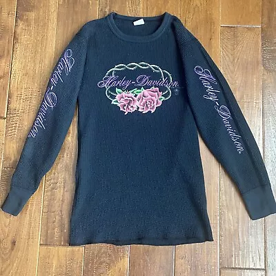 Vintage 80s Harley-Davidson Motorcycle Roses And Thorns Waffle Thermal Shirt L • $125