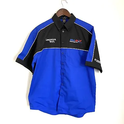 LAWRENCE TECH Mens Small Blue Black Short Sleeve Button Up Pit Crew Shirt UU3 • $21