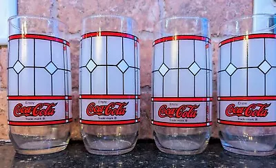 Four (4) Vintage Enjoy Coca Cola Glass Red Frosted Window Pane 6  Tall Tumbler • $14