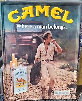 Vintage 1982 Camel Lights “Where A Man Belongs” Embossed Metal Sign 22”x18” • $14.50