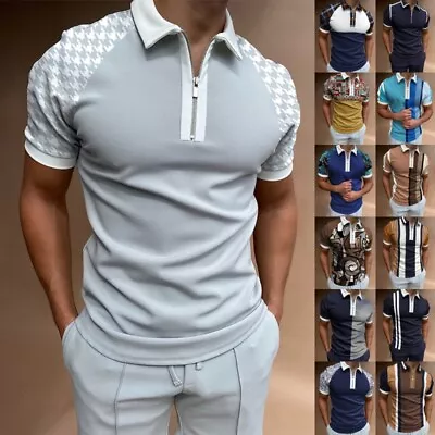 Mens Zip Neck Short Sleeve Polo Shirts Business Golf Slim Tunic Tops T Shirt UK • £14.89