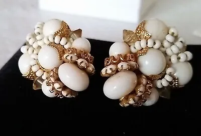 Vintage Signed Vendome Milk Glass Bead Beautiful Clip On Earrings Wedding • $32.50