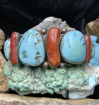 Vintage 1940’s Sterling Silver Red Coral & Turquoise Cuff Bracelet 66.5g • $795