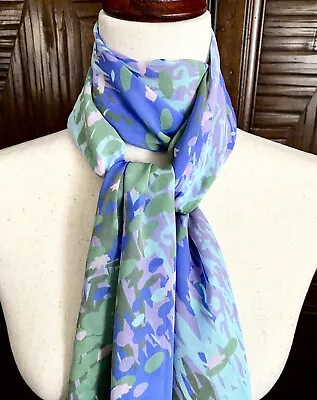 100% Silk Scarf Soft Blues Greens Hint Of Pinks Pastels Hand Rolled Edge Edges • $24.99