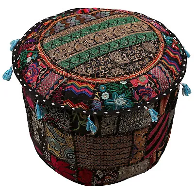 Black Patchwork Footstool Embroidered Round Pouf Vintage Ottoman Poufe Cover • $22.99