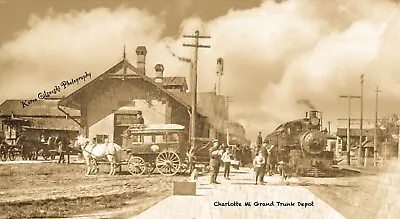 RPPC Photo Steam Train At Charlotte Michigan Train Station Depot • $5