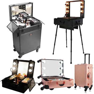 Rolling Makeup Train Case Professional Beauty Cosmetic Trolley W/ Lights Mirror • £79.99