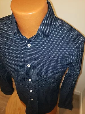 (Small) Mens Express Dress Shirt Blue Polka Dot Modern Fit Navy Blue • $5.55