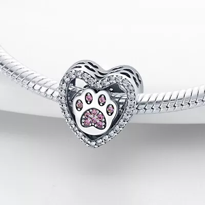 Paw Cat Dog Charm Love Heart Pet Pink Charm Mum Genuine Sterling Silver 925 • £15.95