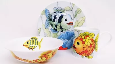 Happy Fish Children Breakfast Set 3 Piece Fine China 8  20 Cm Plate Mug Bowl • £24